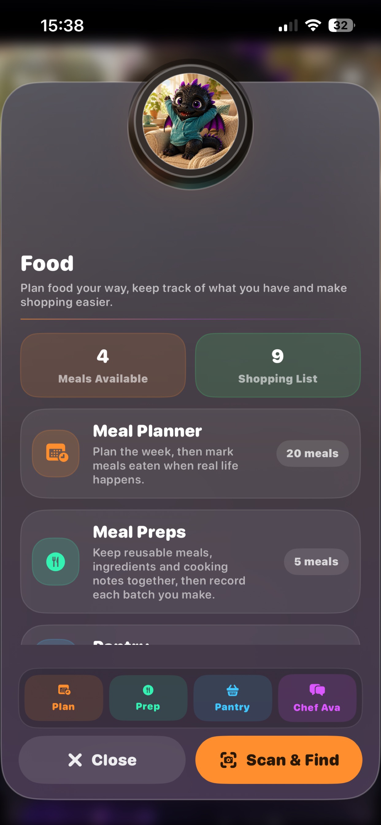 DoingOkay Food hub showing Meal Planner, Meal Preps, Pantry and Shopping
