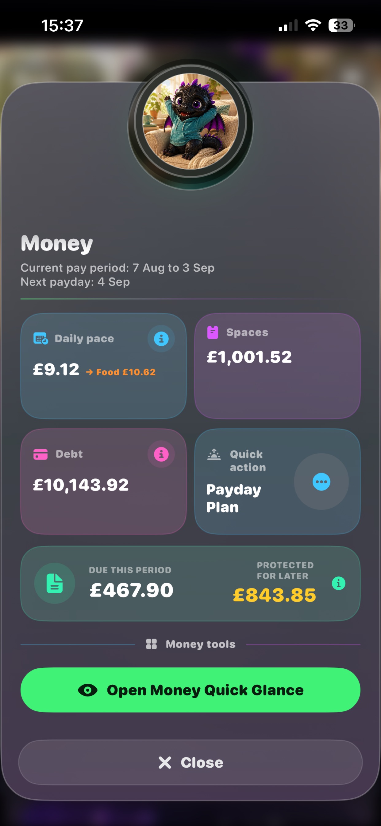 DoingOkay Money overview showing Daily Pace, Spaces, debt and the current pay period