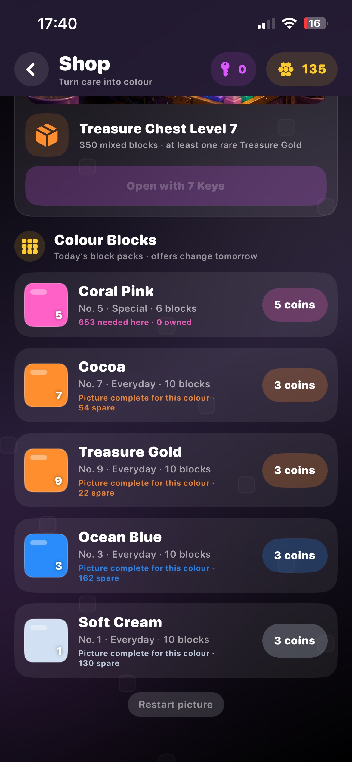 Mosaic Shop showing colour blocks available for coins