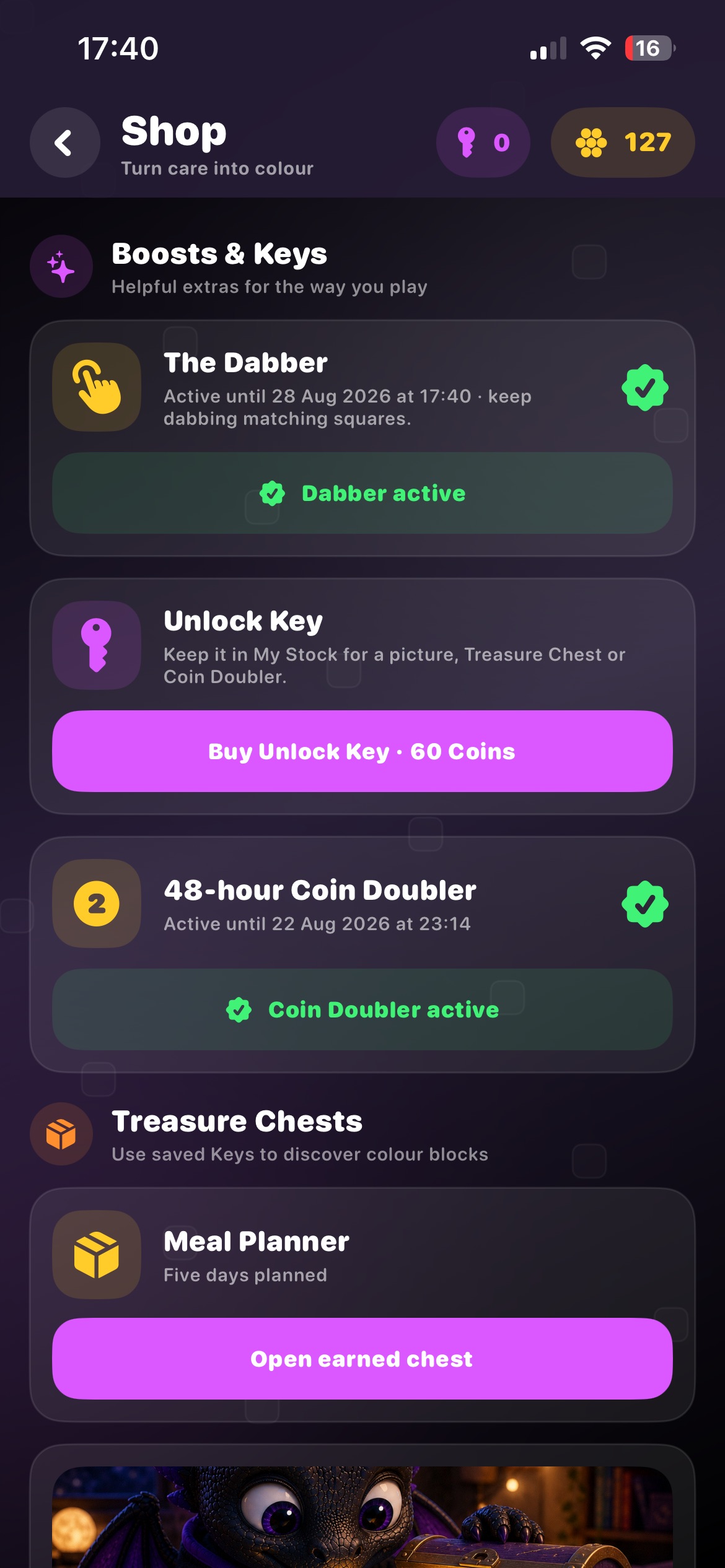 Mosaic Shop showing boosts, unlock keys and earned treasure chests